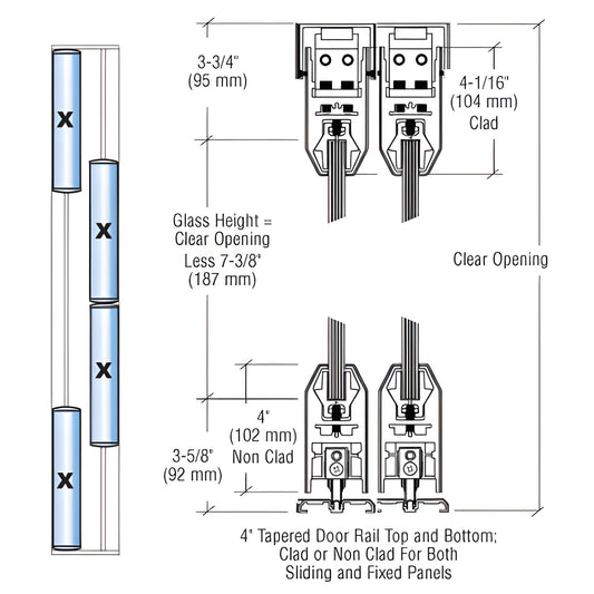 SDR42FSA bottom-rolling sliding door system, satin anodized, 4" tapered rails, glass panel cross-section and dimensions.