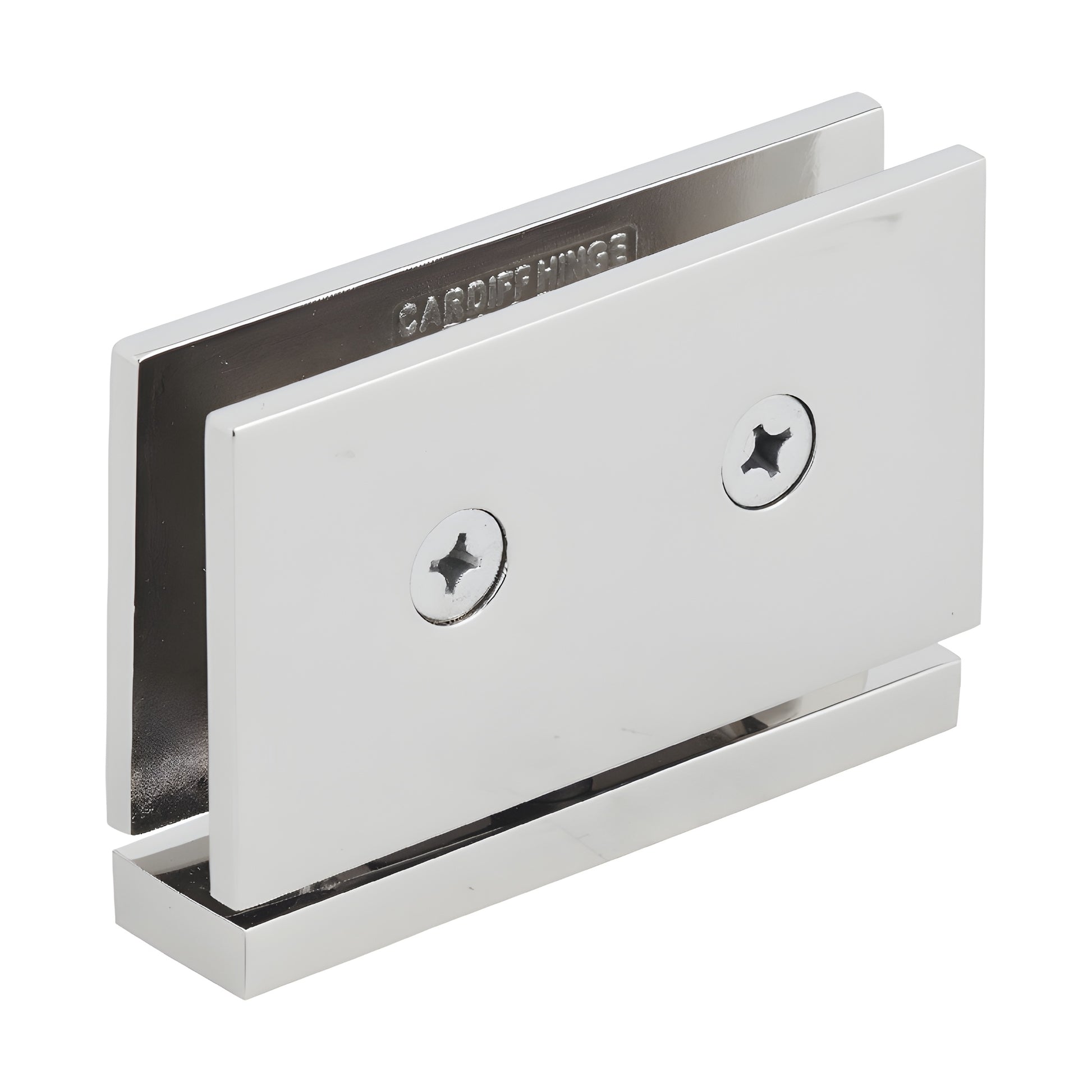 Polished nickel squared brass Cardiff pivot shower door hinge (CAR01PN) for 8-10mm tempered glass, 2in high.