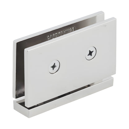 Polished nickel squared brass Cardiff pivot shower door hinge (CAR01PN) for 8-10mm tempered glass, 2in high.