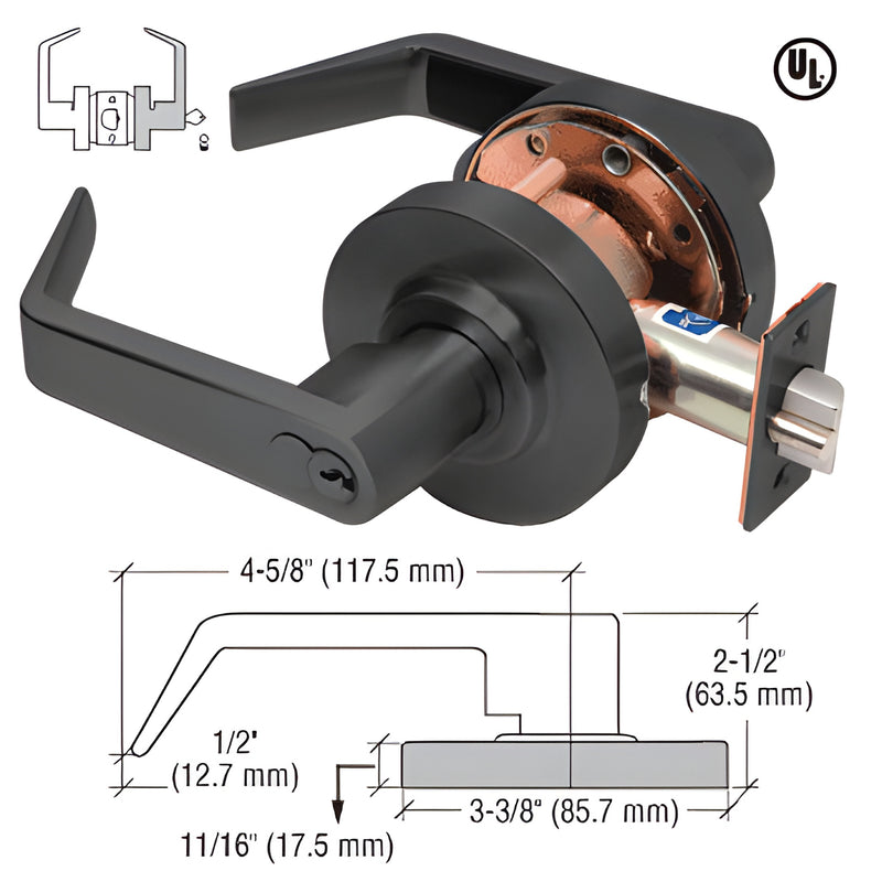 D82STRMBL matte black Grade 1 heavy-duty storeroom lever lockset with 7 pin SFIC core, clutch, 3 hour fire rating.