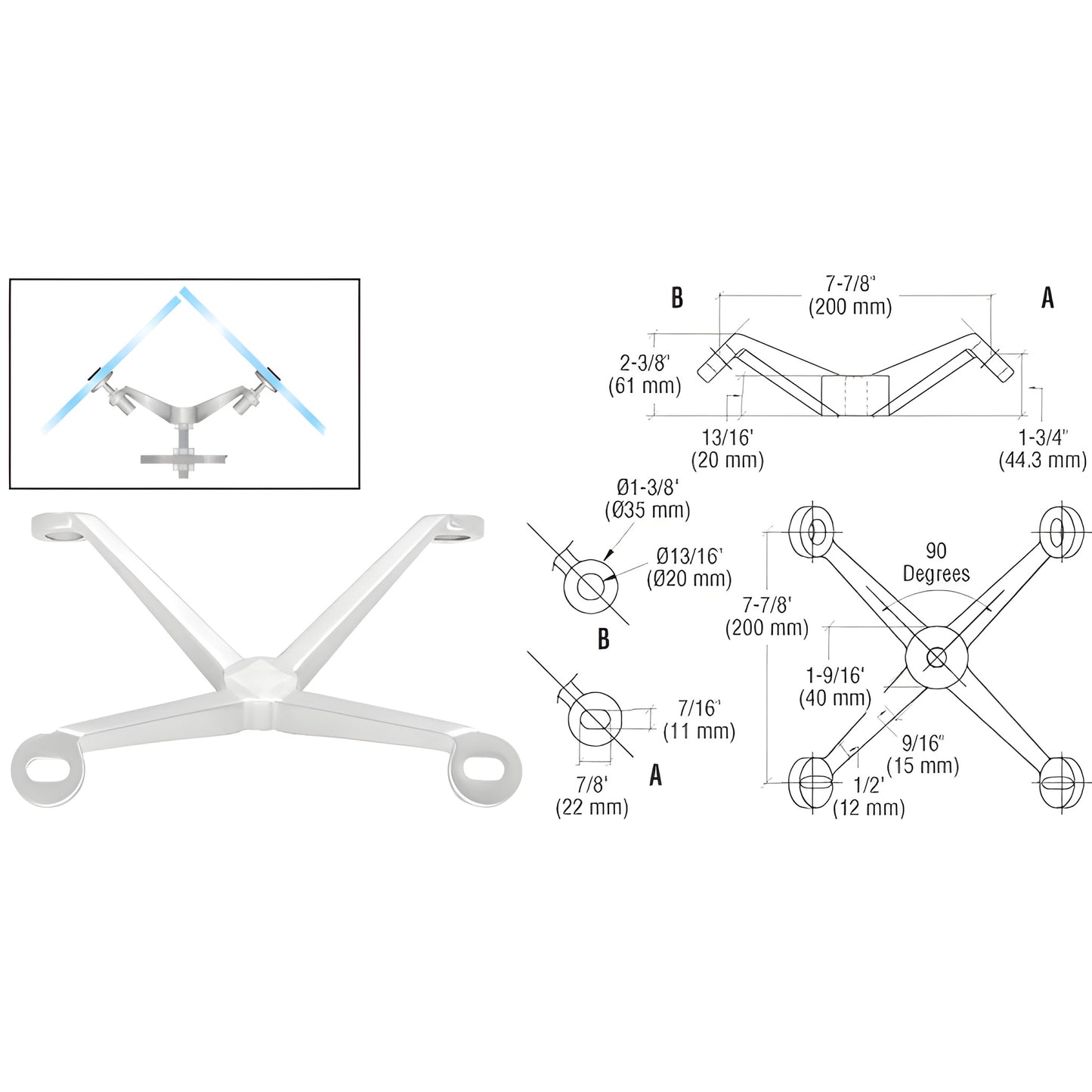 Stainless steel CRL four-arm corner fitting (SKU PMR490PS) for 90 glass panels, X-shaped with four mounting arms.