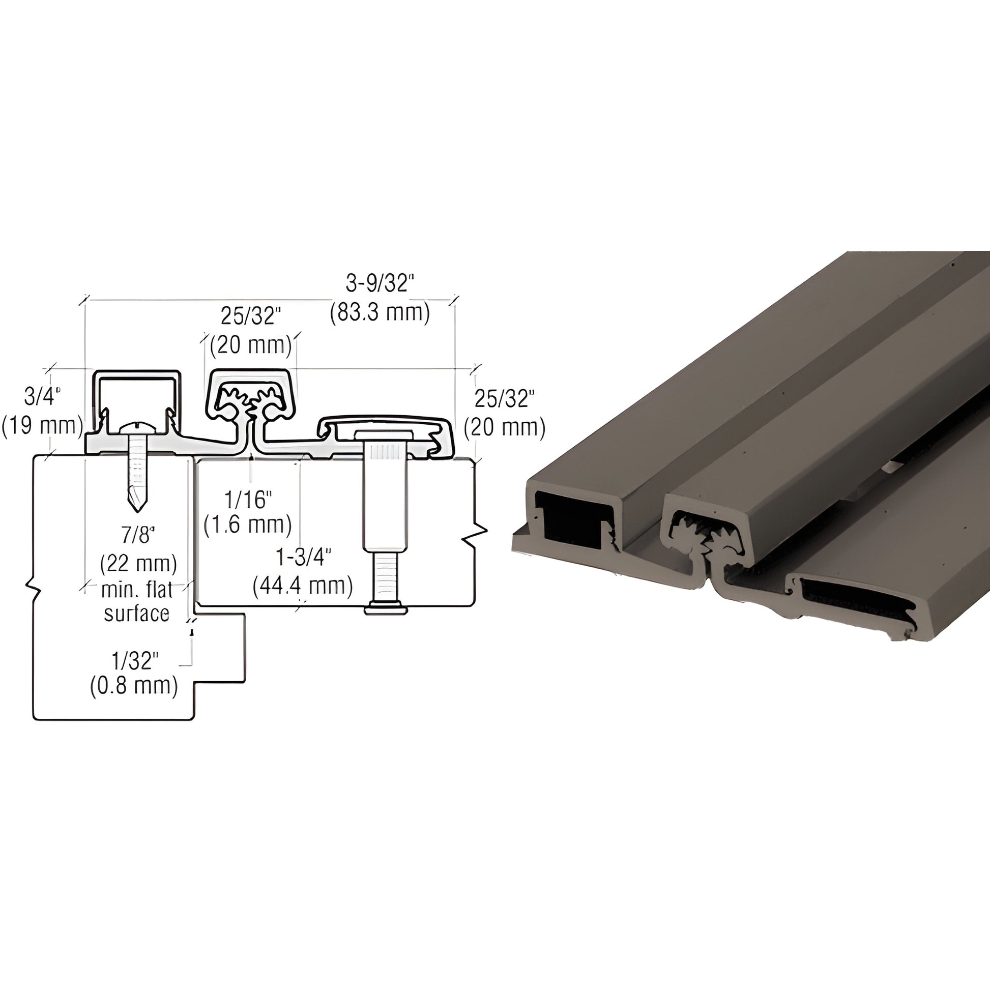 CRL Roton 157 continuous aluminum hinge, dark bronze, 83 in (SKU 15783DU) - cross section diagram and profile image