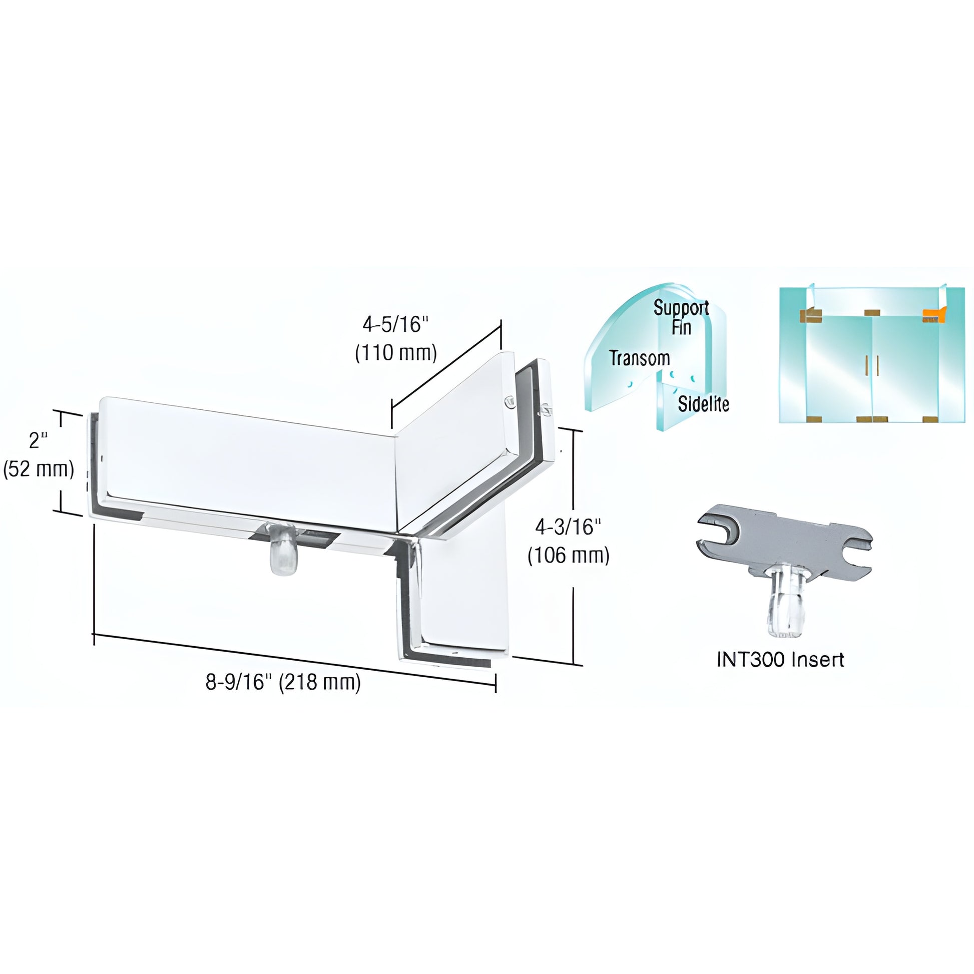 PH41LA satin anodized left hand sidelite transom patch with INT300 insert and support fin, dimensional diagram.