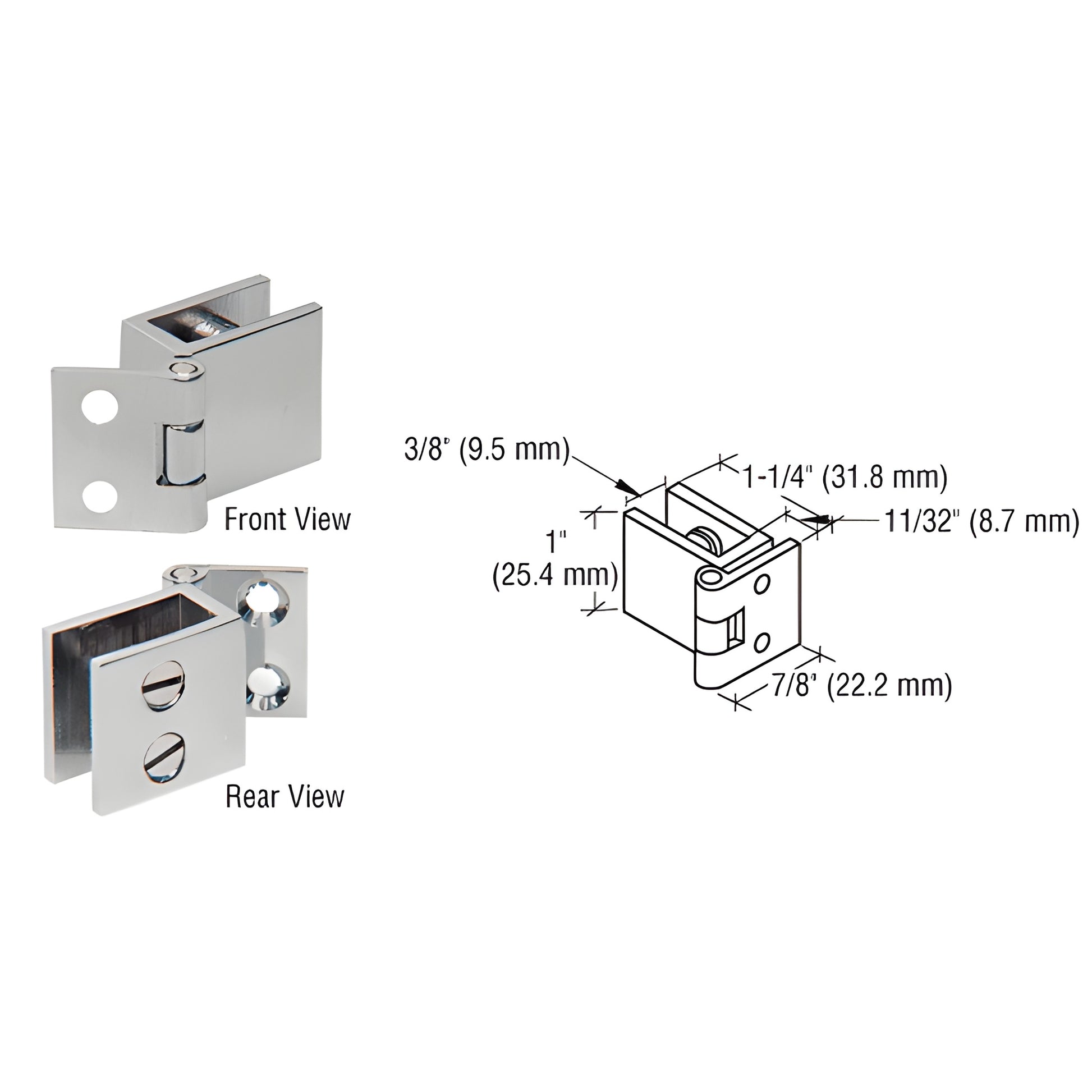EH73 brushed-nickel glass-to-wall hinge for 6-8mm tempered glass, 1" high, 1-1/4" wide, no-drill mounting (pack of 2).
