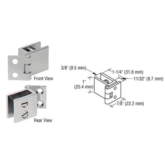 EH73 brushed-nickel glass-to-wall hinge for 6-8mm tempered glass, 1" high, 1-1/4" wide, no-drill mounting (pack of 2).