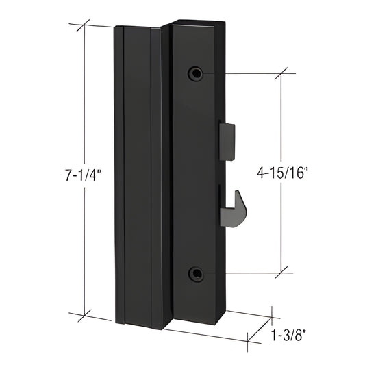 Black closed RV exterior pull handle (CRL V321), 7-1/4" polycarbonate with steel latch hook, 1-3/8" protrusion.