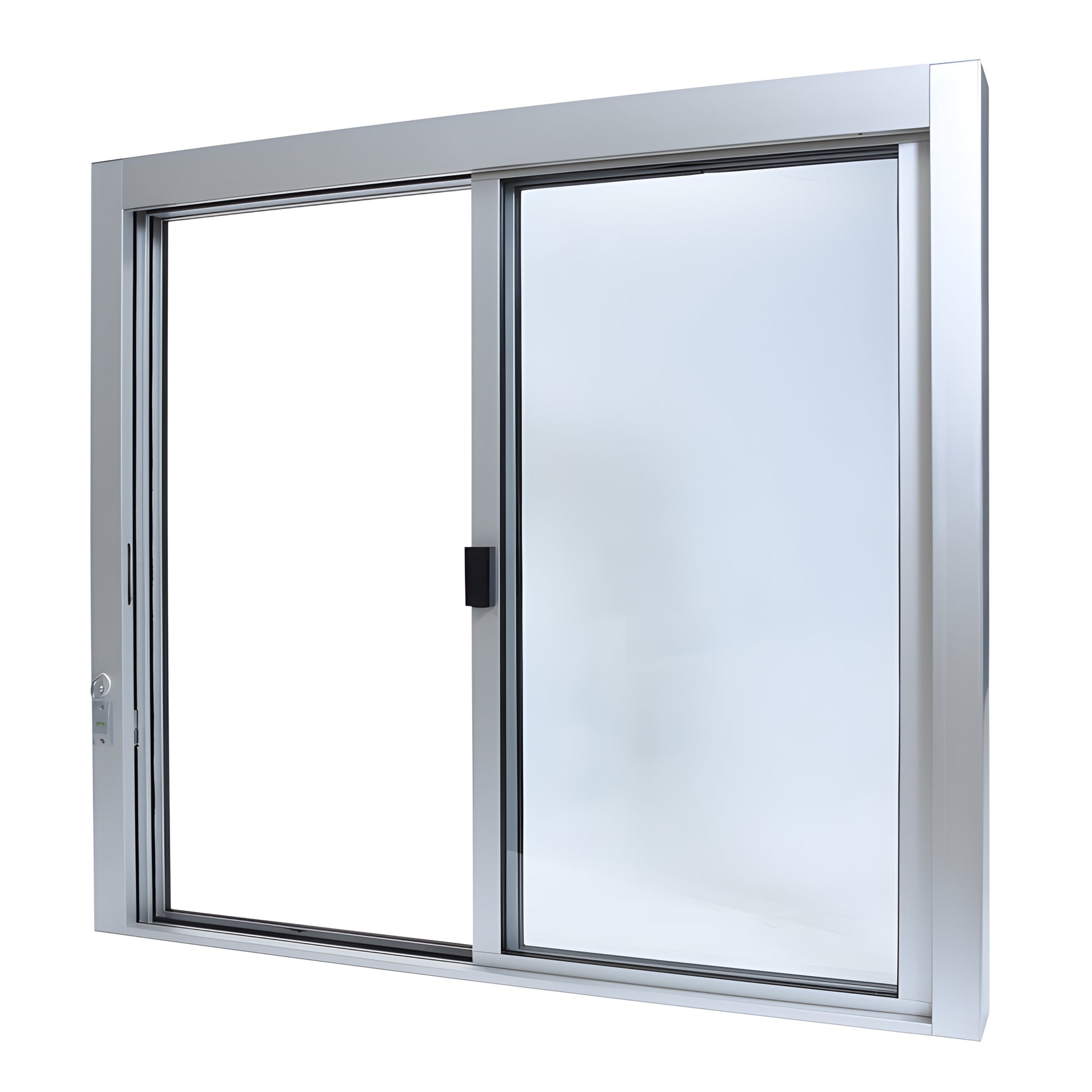 Satin anodized aluminum self-closing XO service window, 471 2" 433 4", sliding panels, thumb-turn lock, full bottom track.