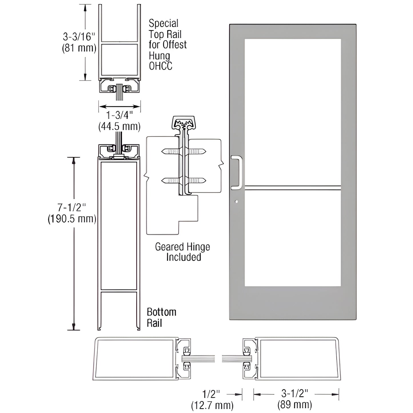 HE41911 clear anodized commercial medium-stile entrance door, fits 1/4" tempered glass; 31 2" stiles, 71 2" bottom rail.