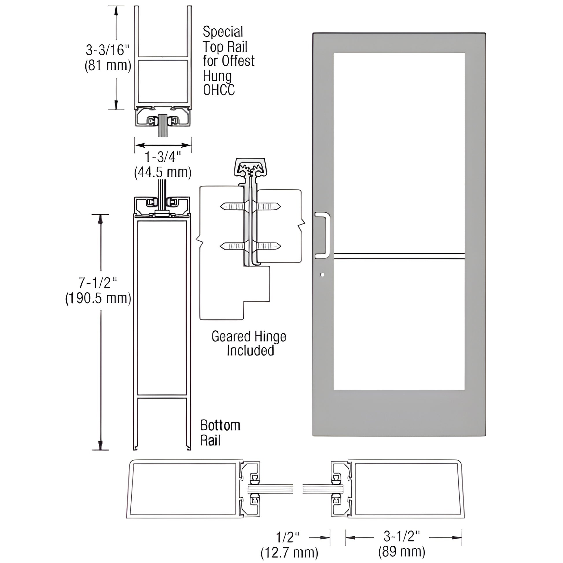 HE41911 clear anodized commercial medium-stile entrance door, fits 1/4" tempered glass; 31 2" stiles, 71 2" bottom rail.