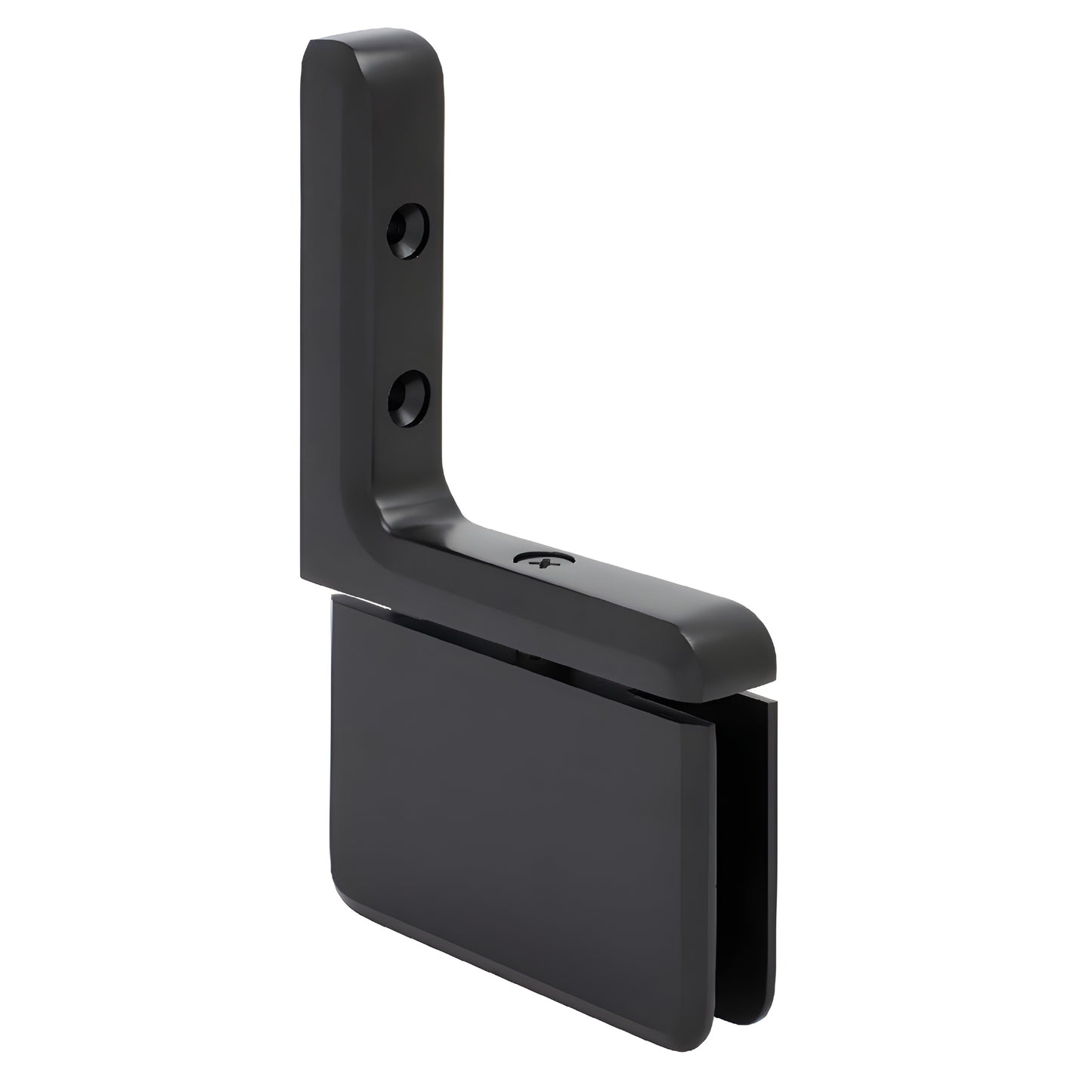 Matte black Prima pivot shower door hinge (SKU PPH03MBL) for 8-10mm tempered glass, wall mount L bracket, self centering