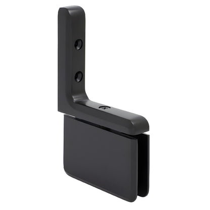 Matte black Prima pivot shower door hinge (SKU PPH03MBL) for 8-10mm tempered glass, wall mount L bracket, self centering