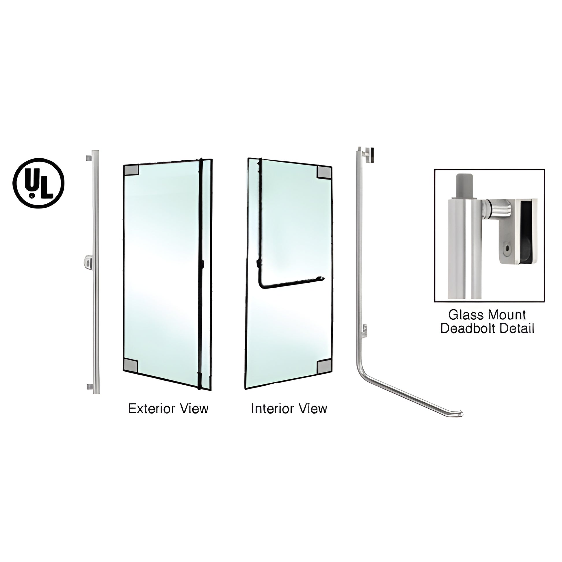DB100F4GKBS brushed stainless steel all-glass deadbolt handle for 1/2" glass, shown in exterior and interior views.