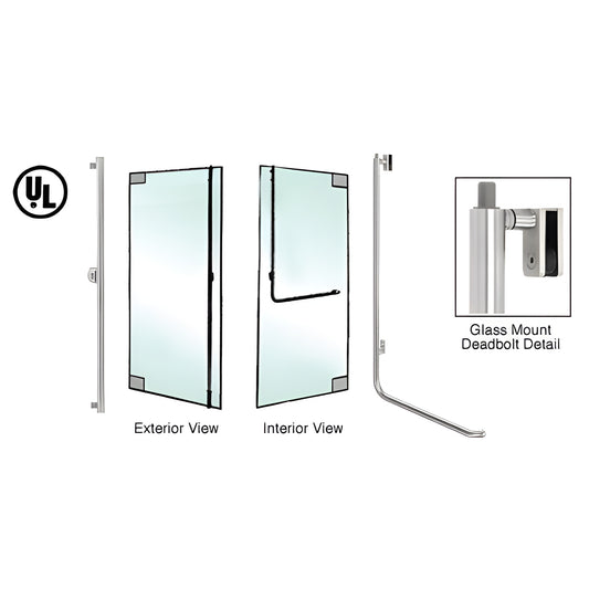 DB100F4GKBS brushed stainless steel all-glass deadbolt handle for 1/2" glass, shown in exterior and interior views.