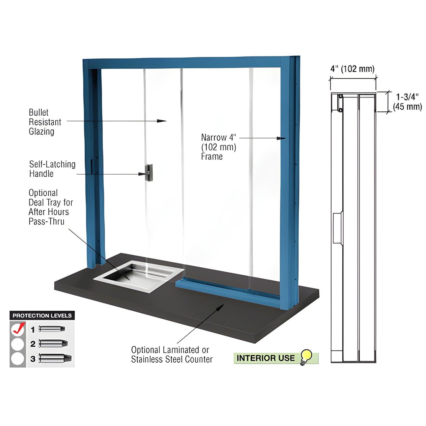 Bullet-resistant sliding service window SBRWP1 - powder-coated aluminum frame, 1-1/4" glazing, self-latching handle.