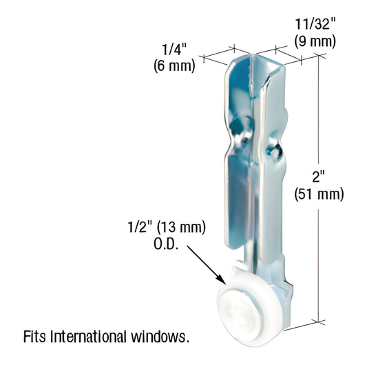 Window roller assembly G3077: 2" stamped steel housing with 1/2" nylon flat roller, fits International windows.