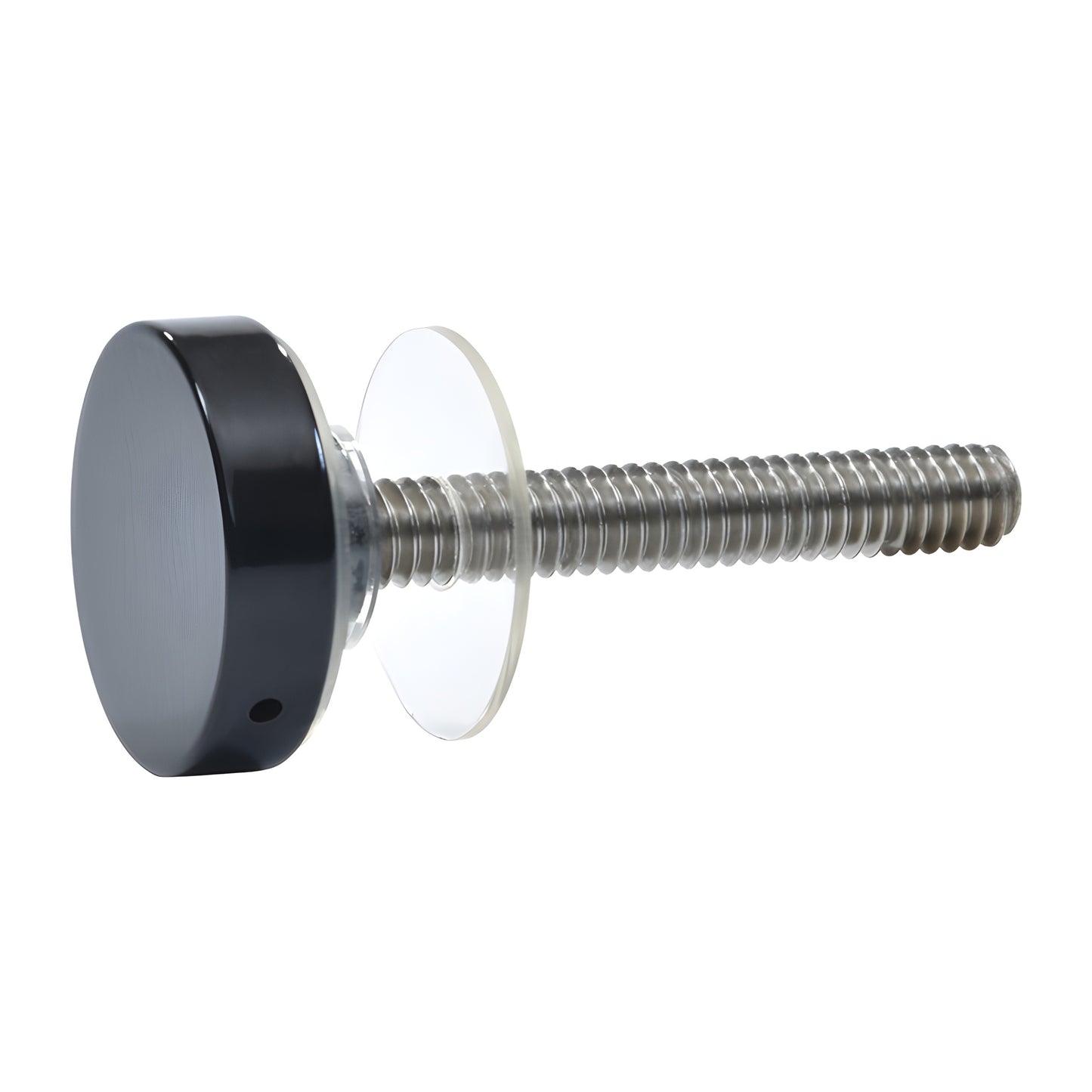 Black 1" standoff cap assembly (CAP142BL) with stainless threaded rod and clear spacer for signage