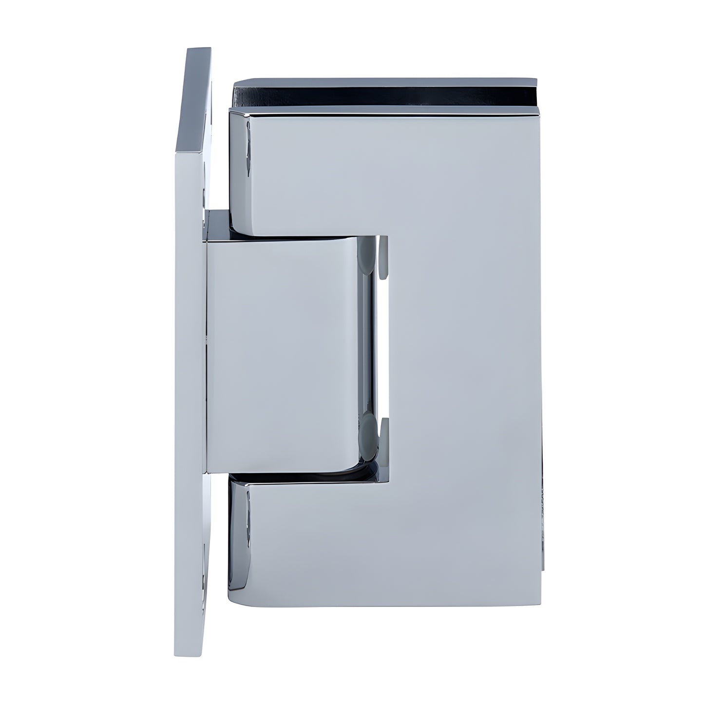 Polished chrome brass Junior Geneva shower door hinge (SKU JRG037CH), wall-mount full back plate for 6-8mm glass