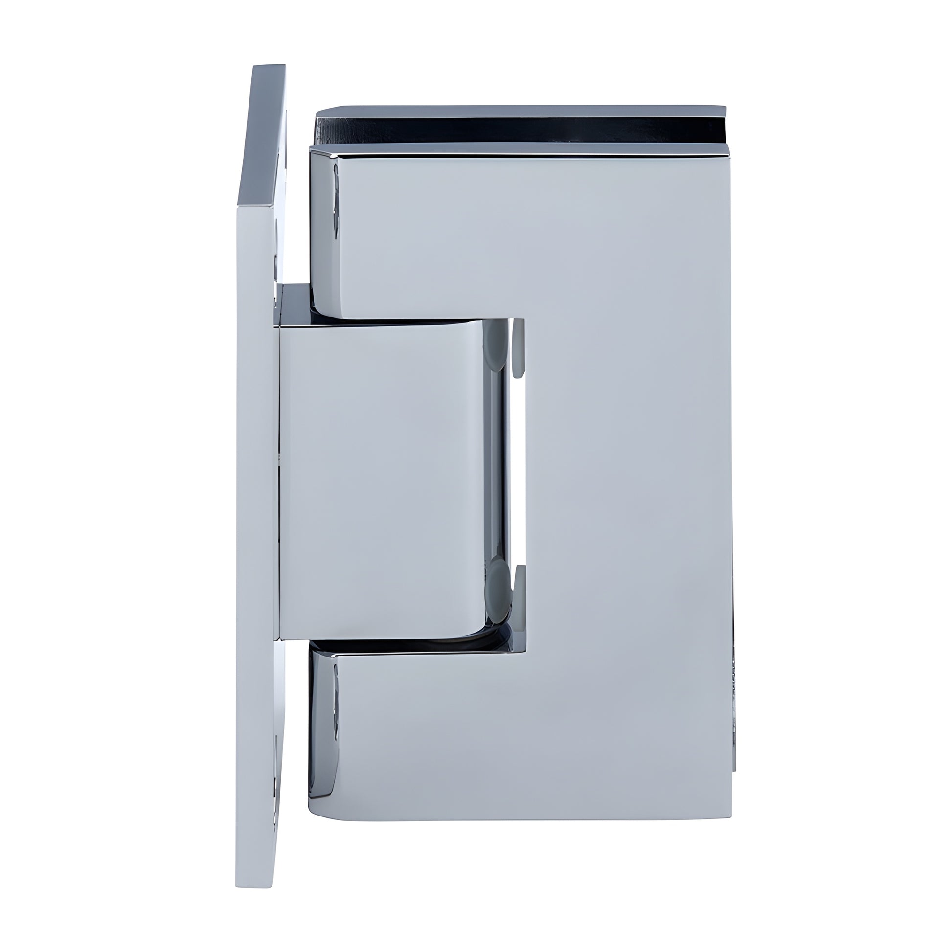 Polished chrome brass Junior Geneva shower door hinge (SKU JRG037CH), wall-mount full back plate for 6-8mm glass