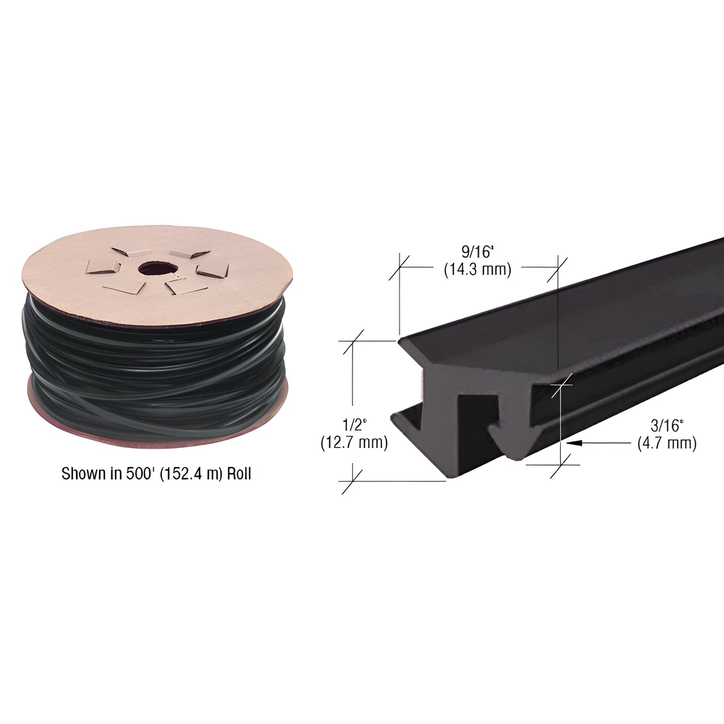 CRL GG38100 black dry-glaze push-in top-load glazing gasket, spool and profile, fits 3/8-5/8 in (10-16 mm) glass.
