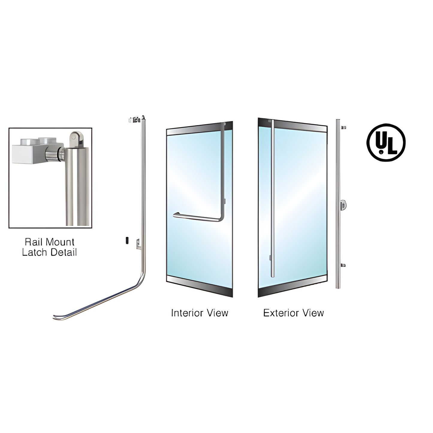 PA100FS3LKBS brushed stainless low-profile 1-1/4 in tubular panic rail handle for 1/2-3/4 in glass doors, push bar