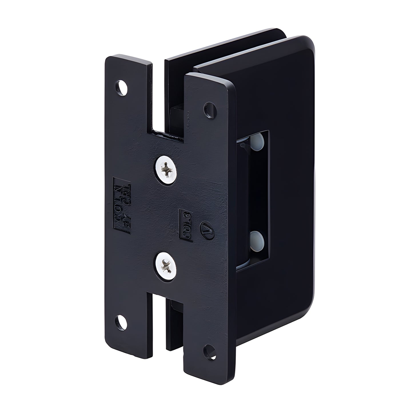 Matte black adjustable Cologne shower door hinge, brass wall-mount for 3/8-1/2" glass (SKU C0L337MBL)