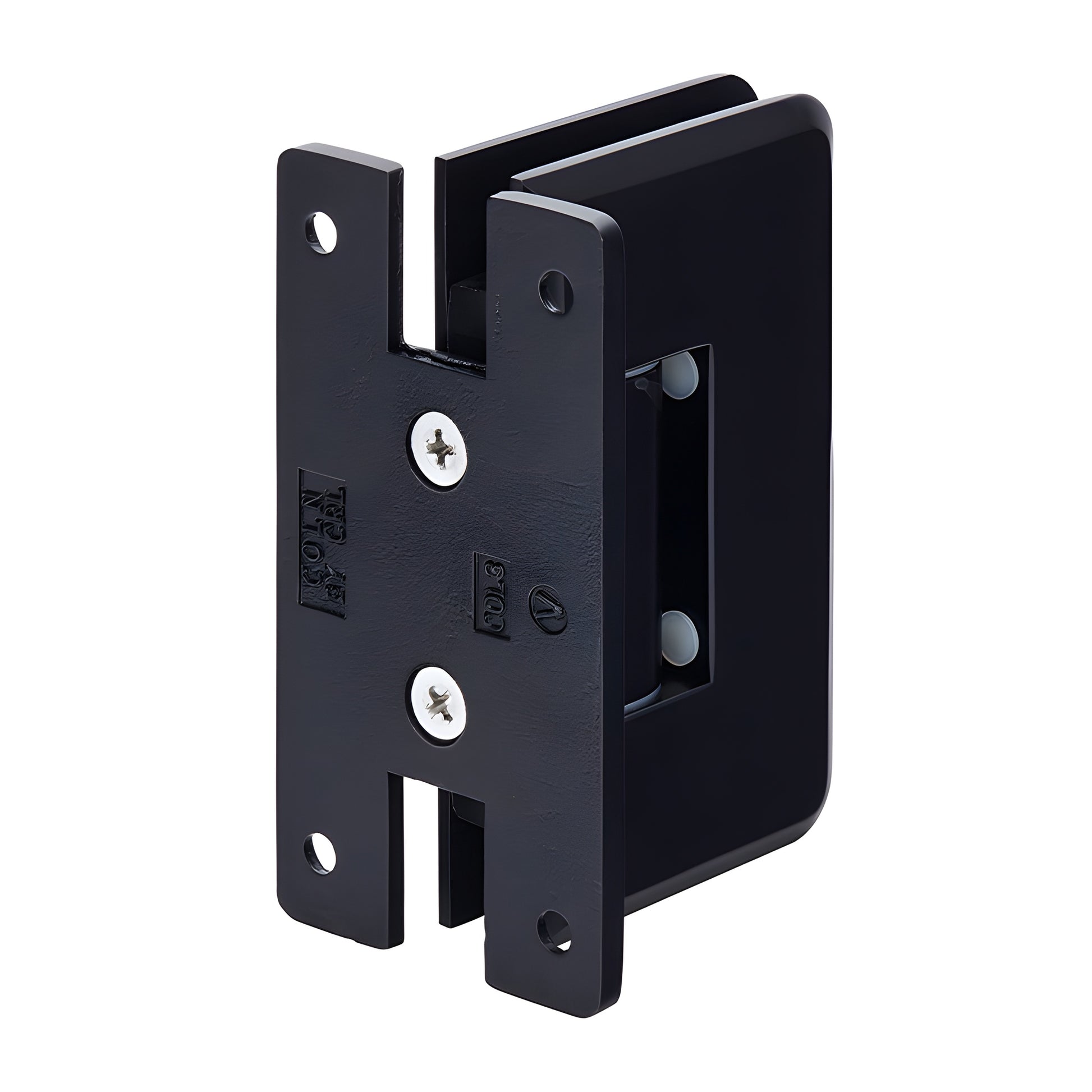 Matte black adjustable Cologne shower door hinge, brass wall-mount for 3/8-1/2" glass (SKU C0L337MBL)