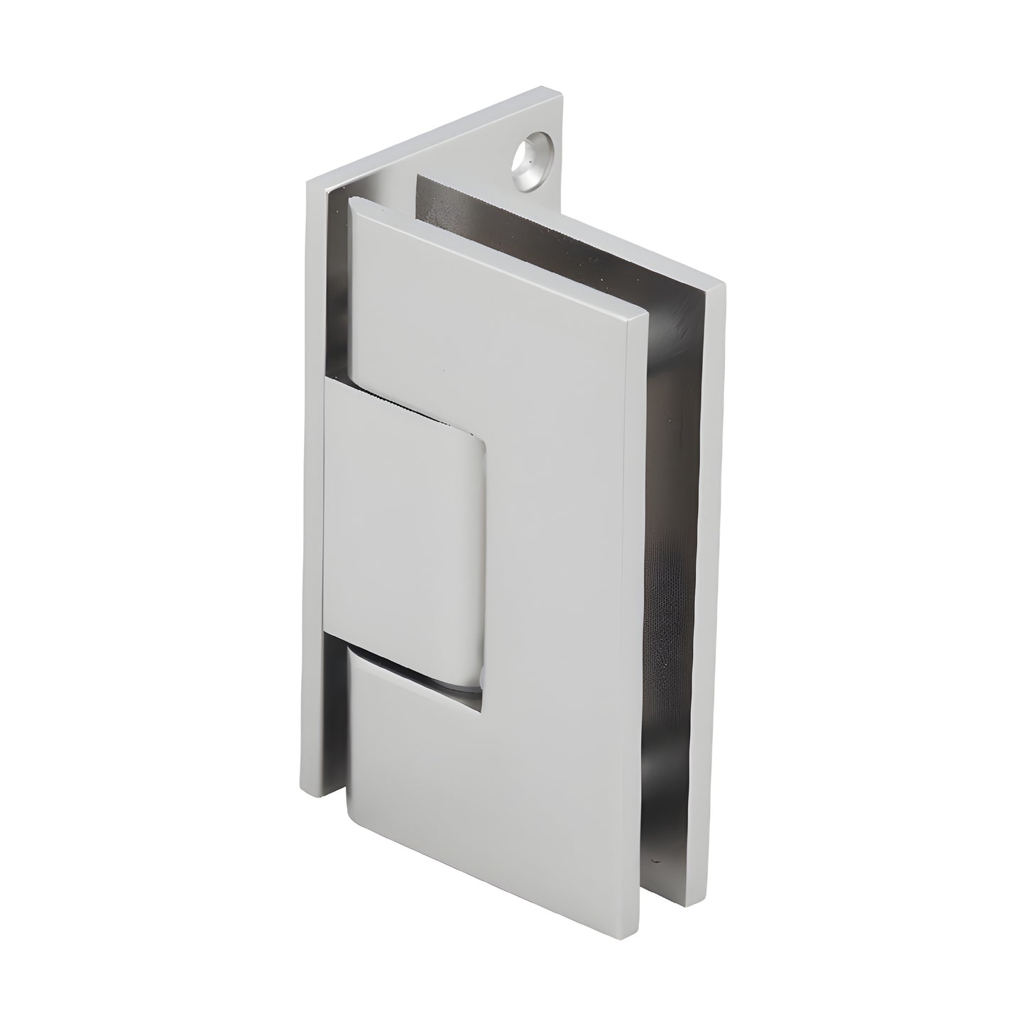 Vienna solid brass shower door hinge, satin nickel finish, wall-mount for 3/8-1/2" glass - SKU V1E044SN