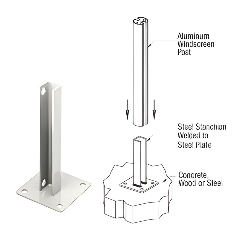 Sky white welded steel stanchion (PSB3AW) with 5x5" base plate, 12" height; surface-mount installation diagram.
