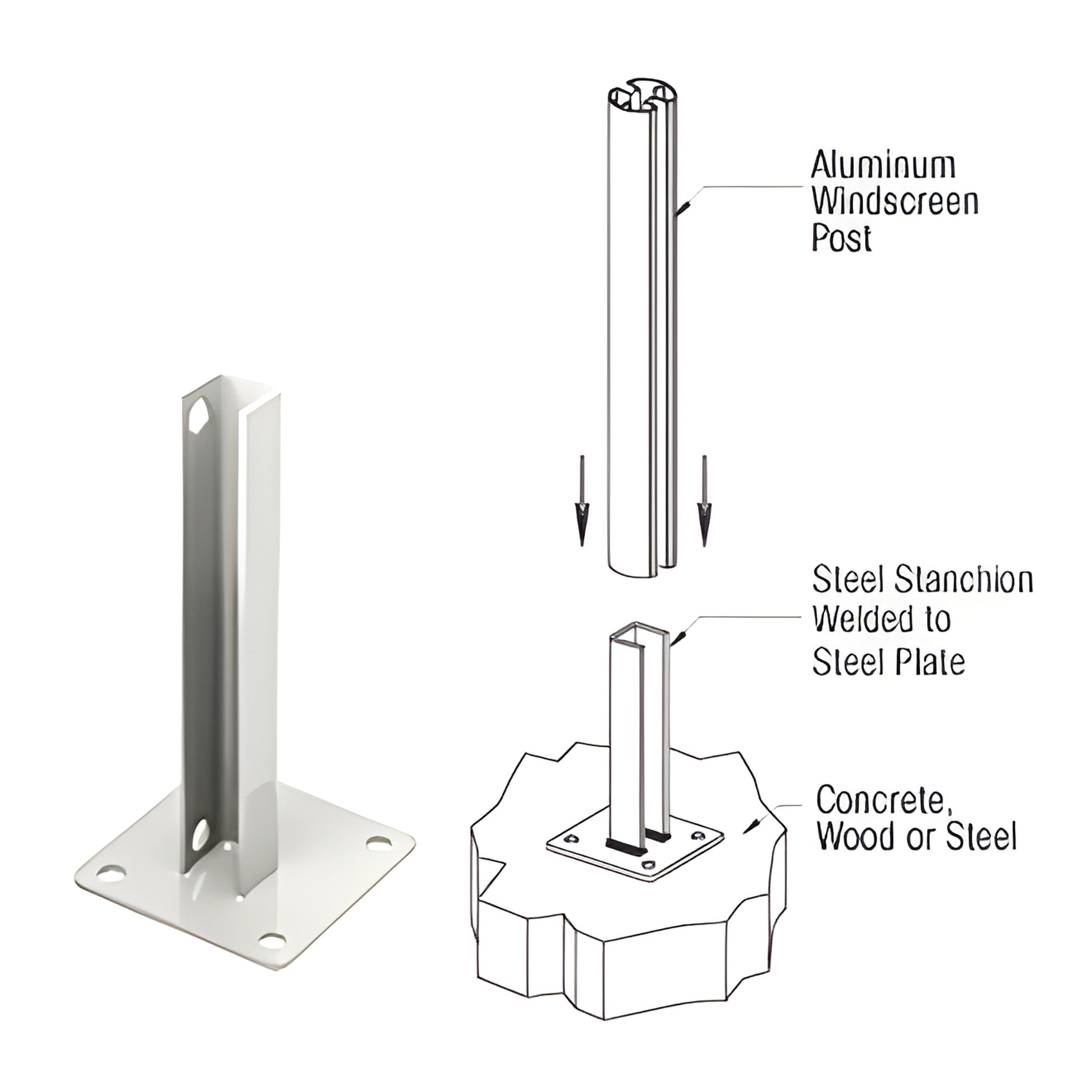 PSB5AW sky-white welded steel stanchion with 5" square surface-mount base plate, 4 mounting holes, vertical post holder for r