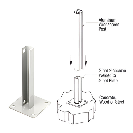 PSB5AW sky-white welded steel stanchion with 5" square surface-mount base plate, 4 mounting holes, vertical post holder for r