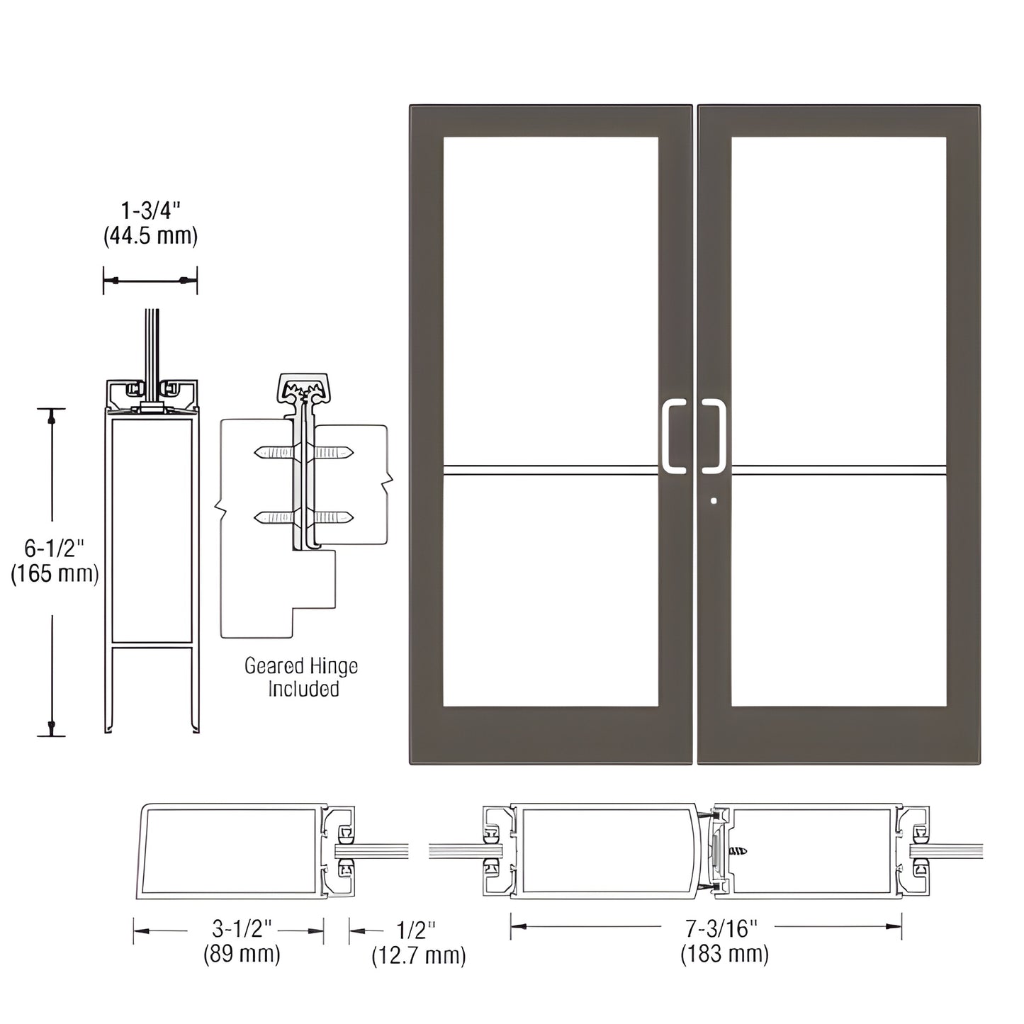 DC42822 black bronze anodized commercial double glass entrance door, 3-1/2" stiles, 6-1/2" bottom rail, push/pull hardware.