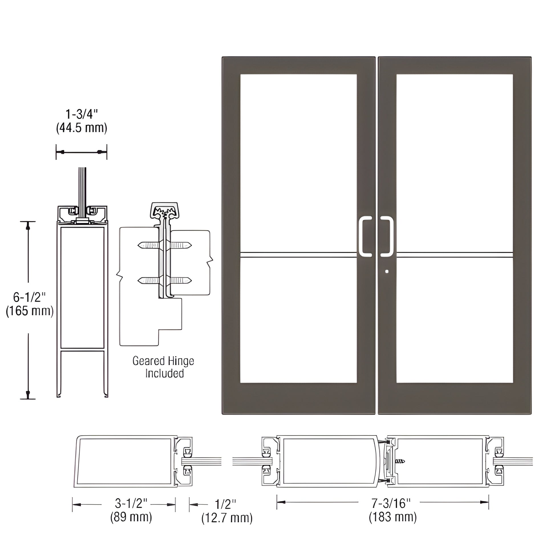 DC42822 black bronze anodized commercial double glass entrance door, 3-1/2" stiles, 6-1/2" bottom rail, push/pull hardware.
