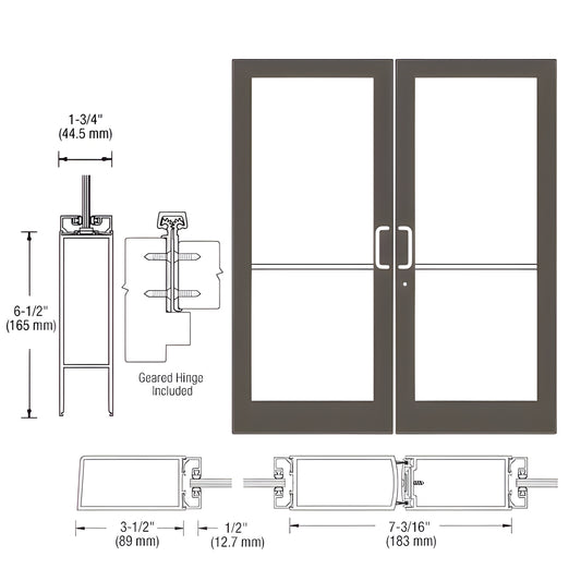 DC42822 black bronze anodized commercial double glass entrance door, 3-1/2" stiles, 6-1/2" bottom rail, push/pull hardware.