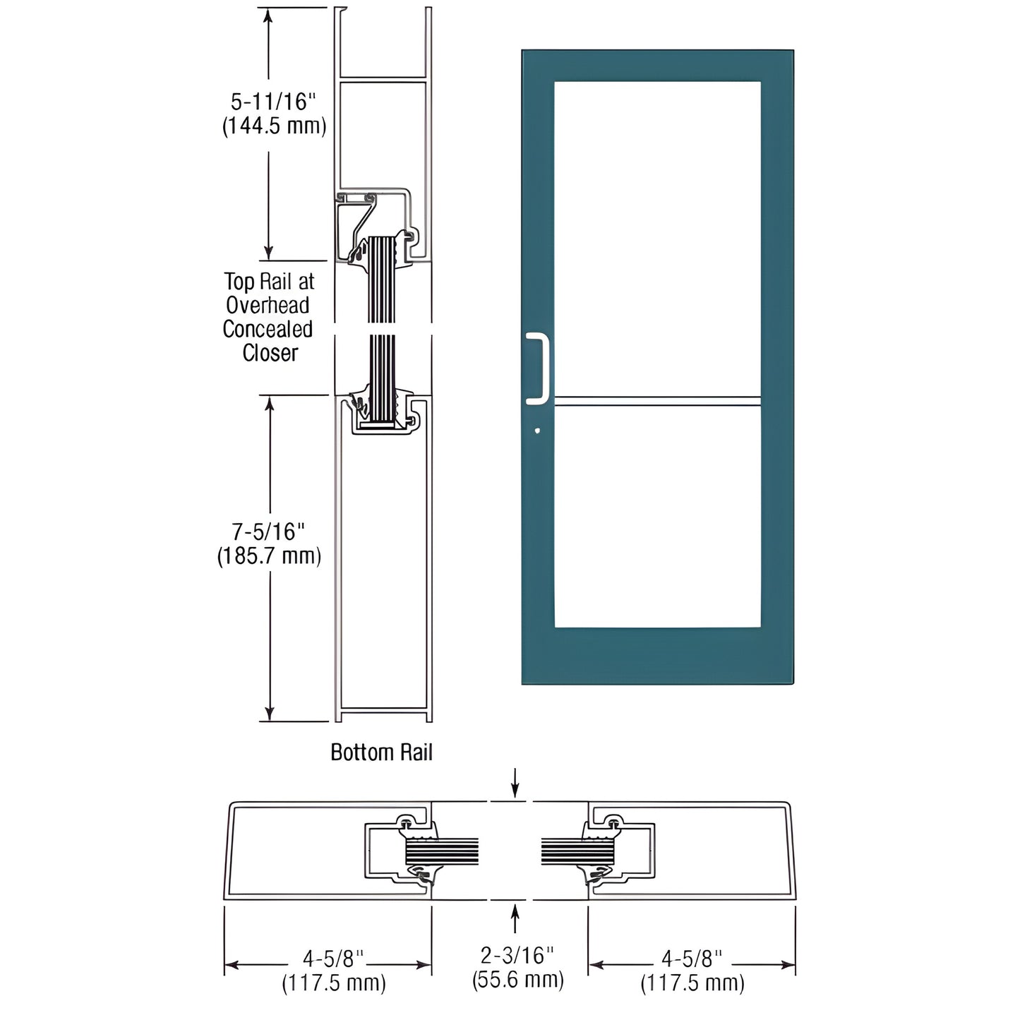 Series 1G500 CRL medium-stile impact entrance door (SKU SF41471) teal frame, glazing details and rail dimensions