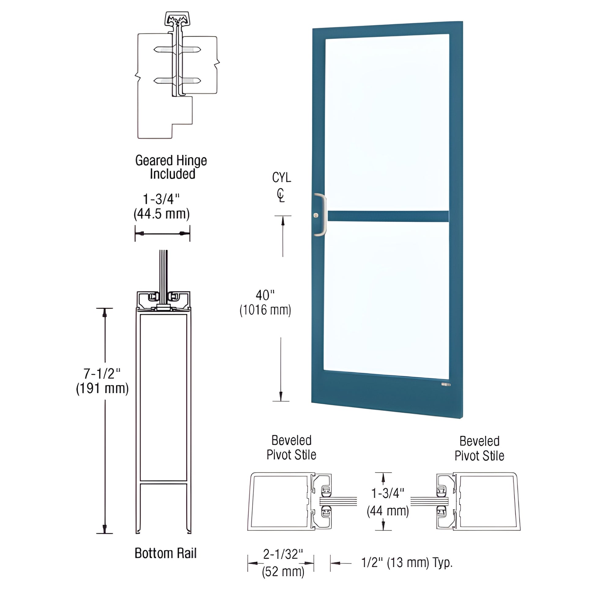 SKU HZ21871: custom narrow-stile commercial entrance door, teal frame with large glass panels, mid rail and bottom rail.