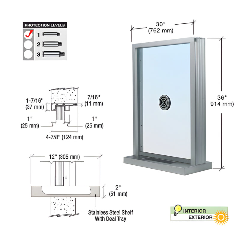 Bullet-resistant aluminum speak-thru window with Level 1 glazing, stainless steel deal tray, satin anodized, 30 36 S1EW3036A