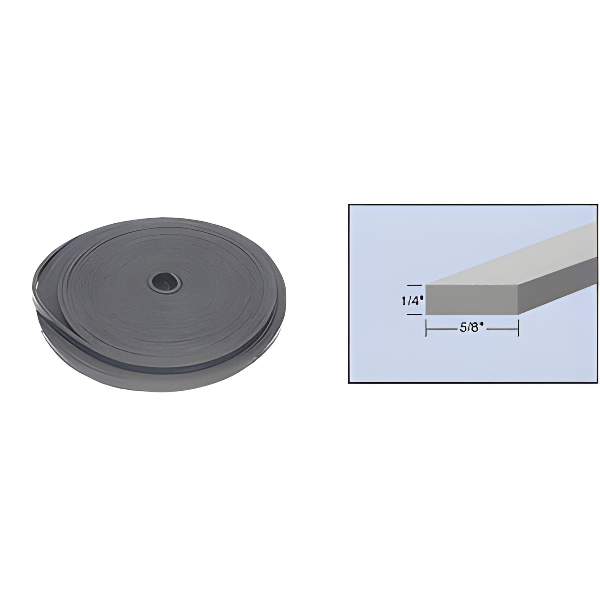 CRL SBRL1 black neoprene bulk roll setting block, 100 ft, 5/8 in thick 1/4 in wide, coiled roll and profile diagram