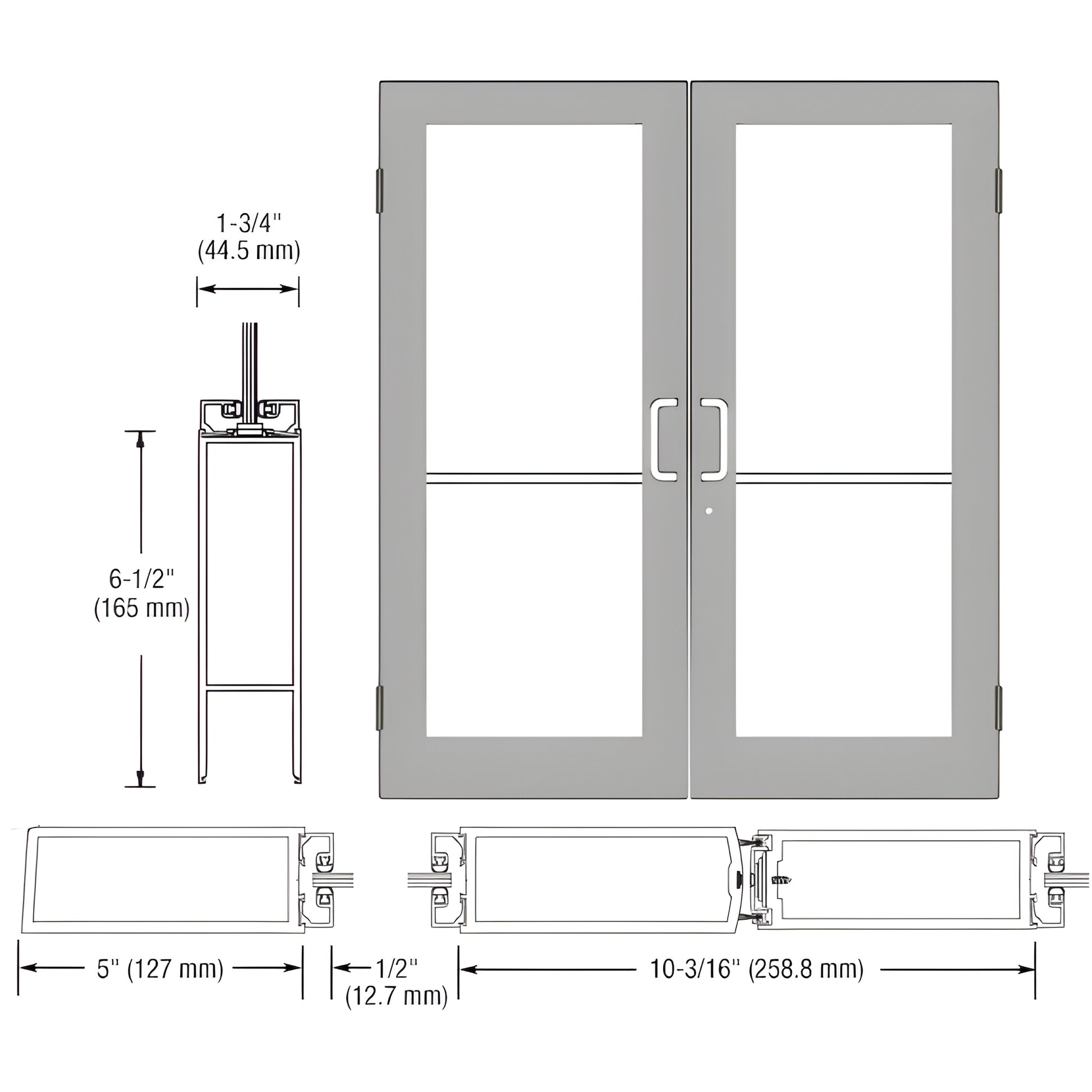 DC52511 clear anodized double wide-stile entrance door, 5" stiles, 6-1/2" bottom rail, glass panels, technical drawing.