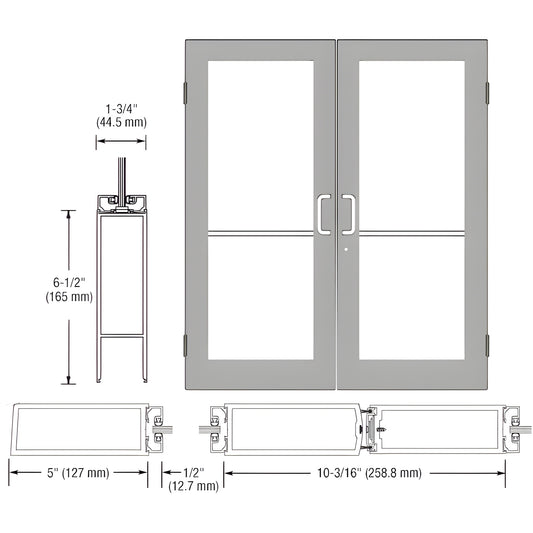 DC52511 clear anodized double wide-stile entrance door, 5" stiles, 6-1/2" bottom rail, glass panels, technical drawing.