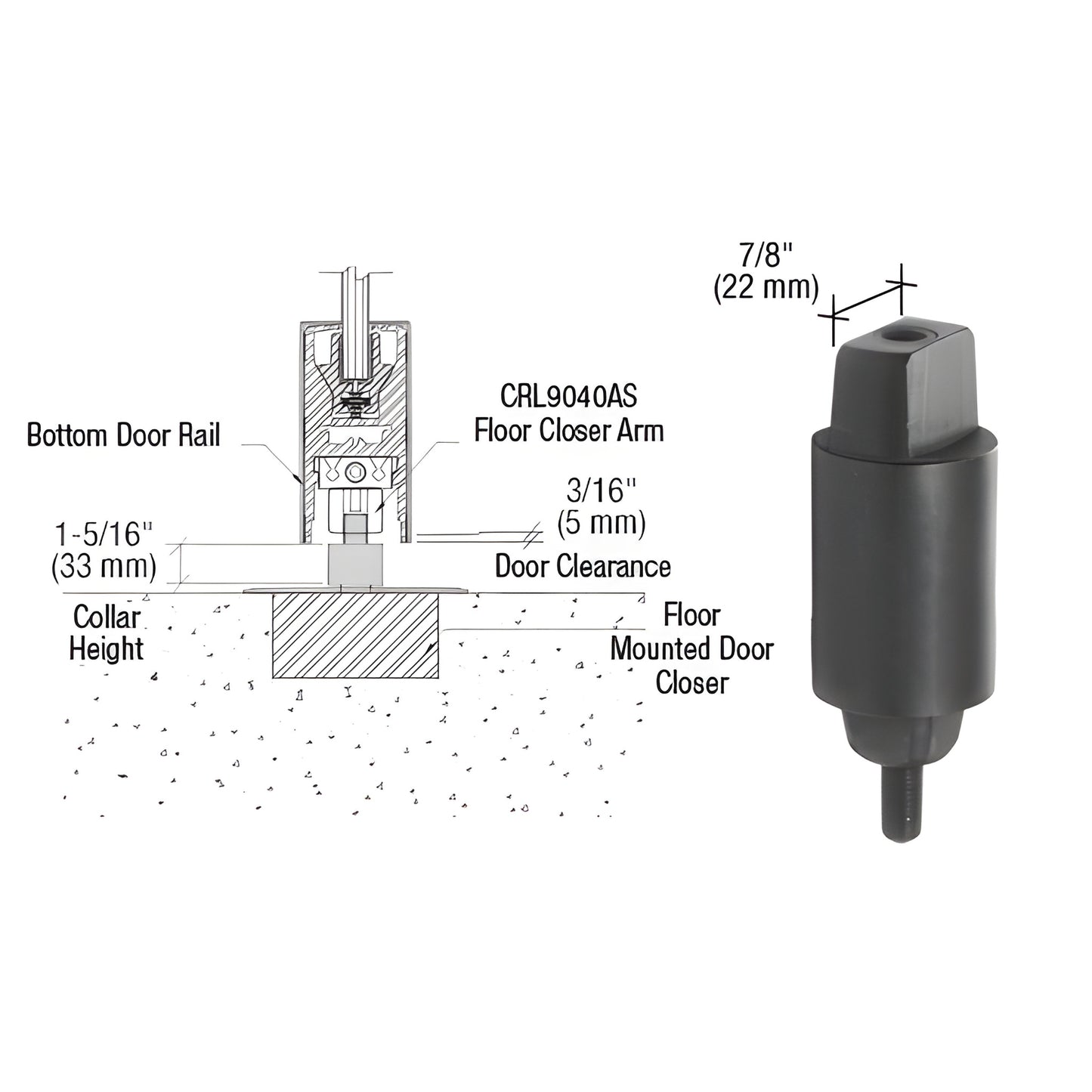 CRL9040S33 flat tapered aluminum spindle for floor-mounted door closers, 1-5/16" collar height, MAB style