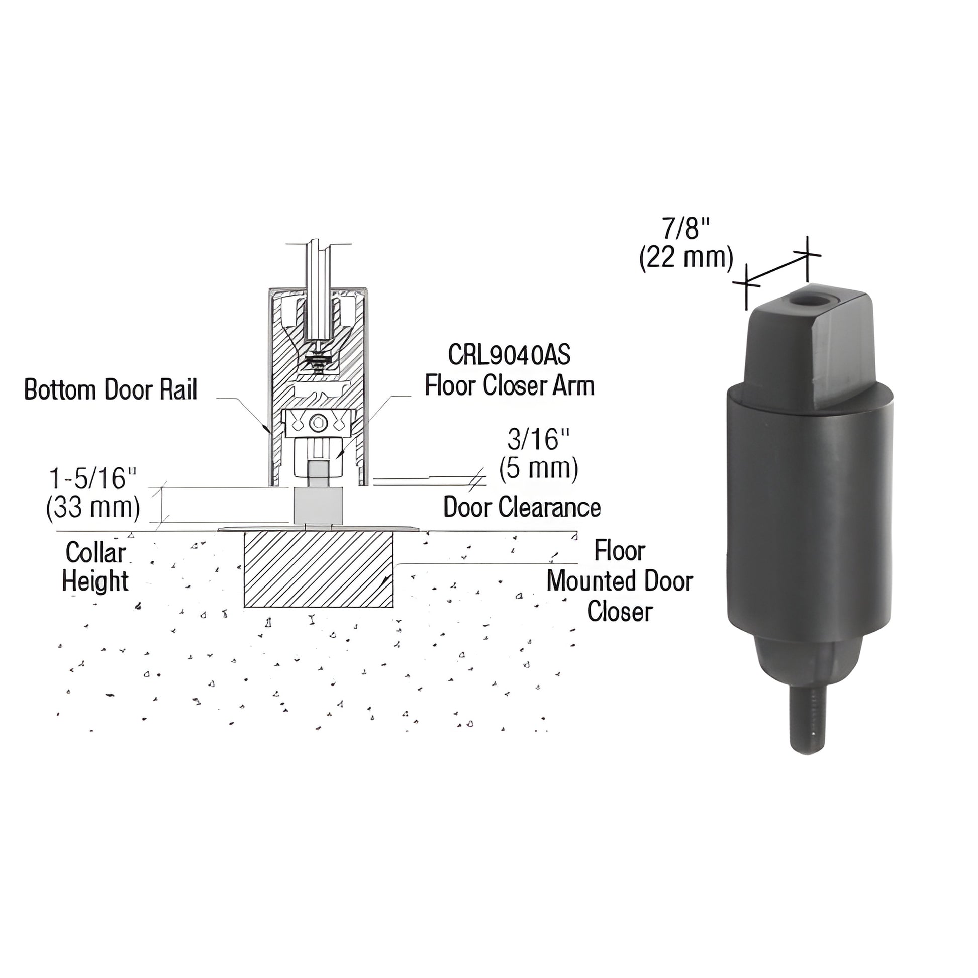 CRL9040S33 flat tapered aluminum spindle for floor-mounted door closers, 1-5/16" collar height, MAB style