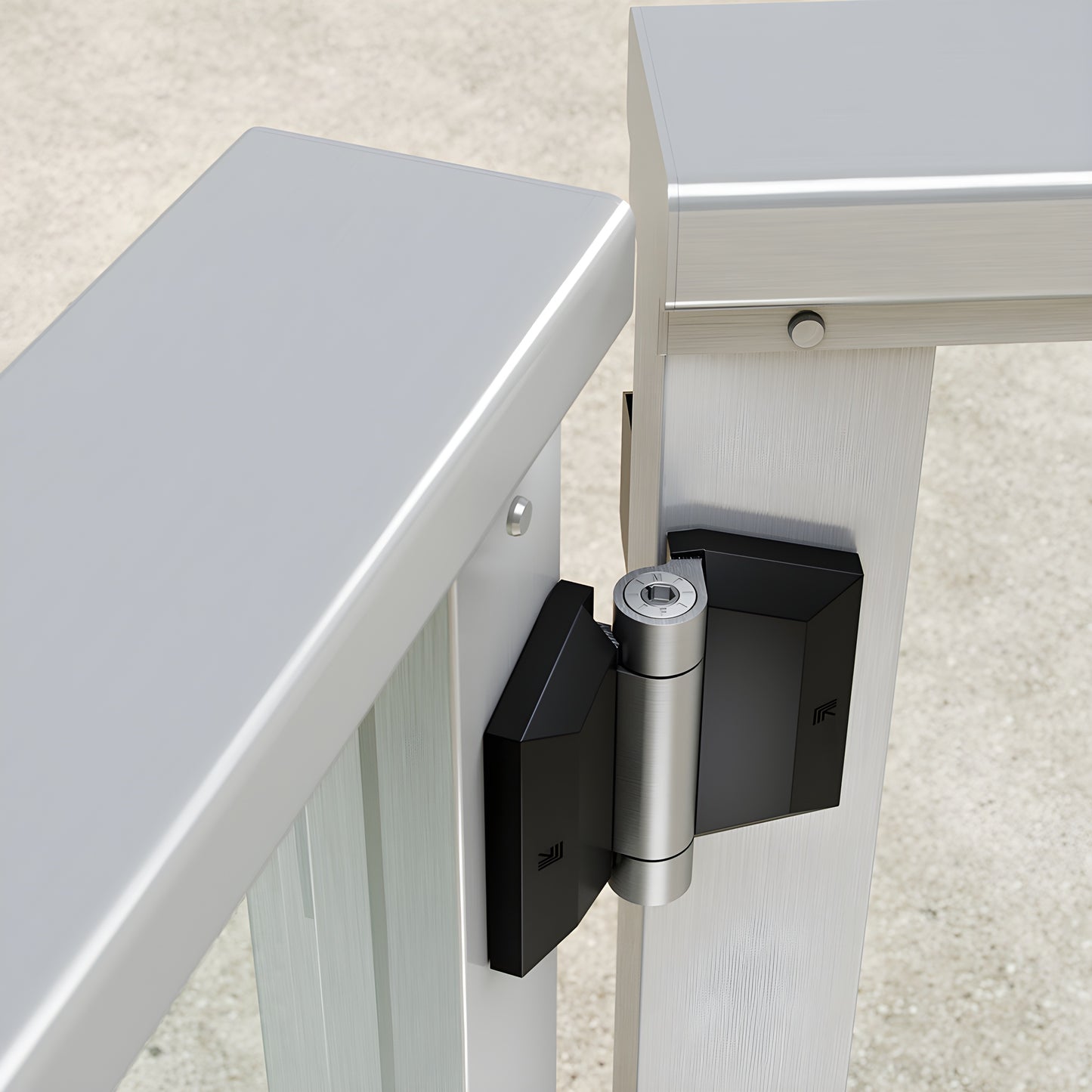 Polaris 200 soft-close gate hinge, black covers with 2205 duplex stainless steel pivot (SKU P0L180200SS)