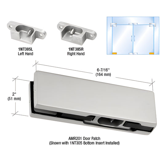 Brushed stainless steel AMR201 bottom door patch kit PH10ELBS for 3/8-1/2" tempered glass, left-hand insert shown