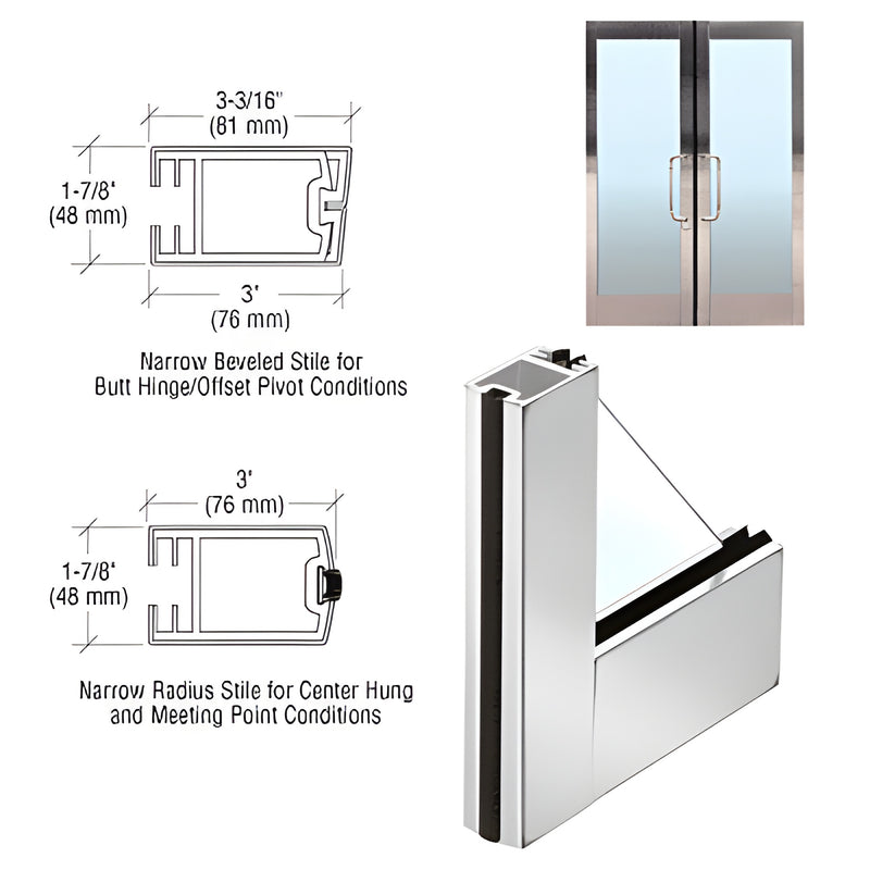 CRL FFN1PS polished stainless steel full-framed glass door profile with dimensional drawings and center-hung/offset options