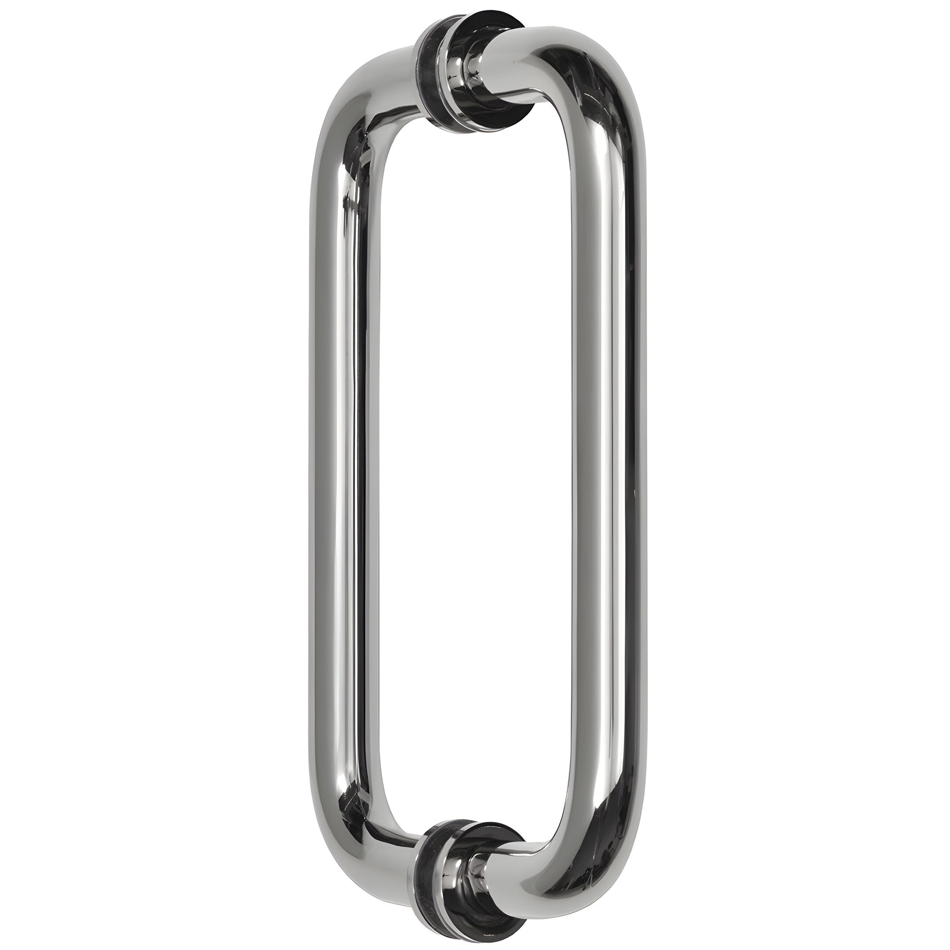 Polished chrome back-to-back tubular door pull handle (BM8X8CH), 3/4" brass tube, 8" center-to-center, decorative washers.