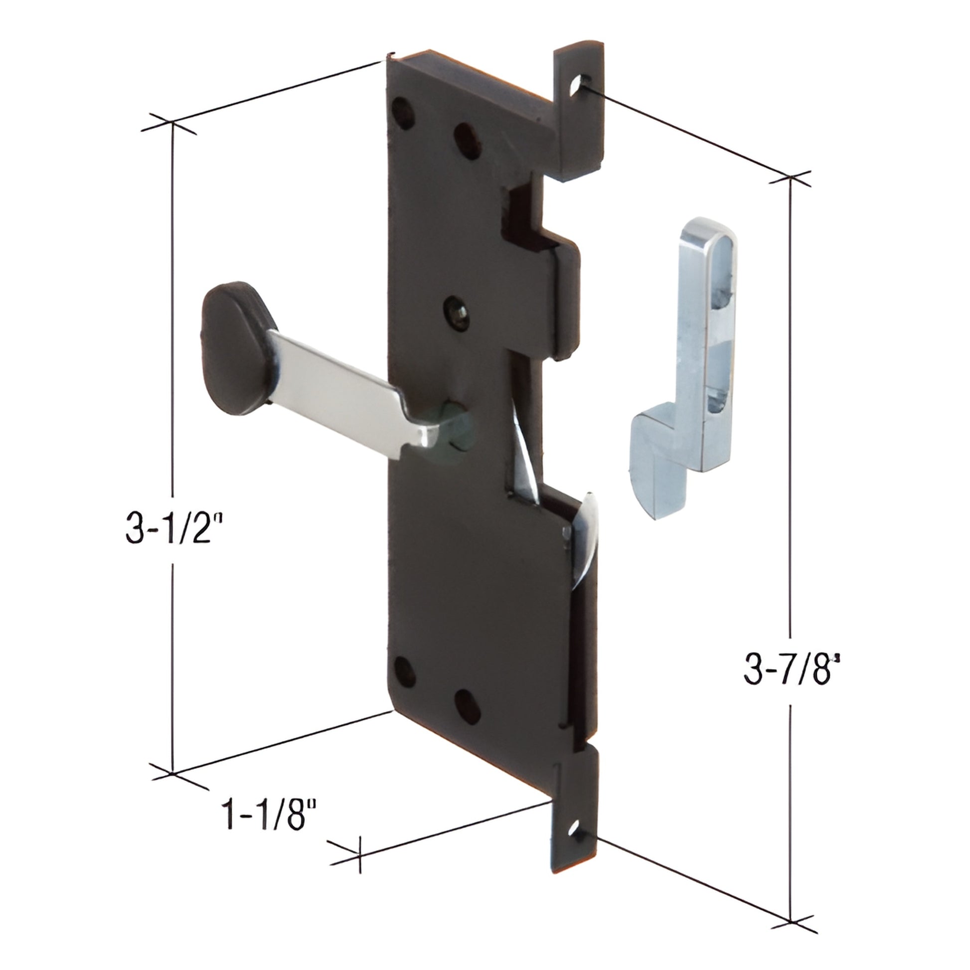 CRL A121 non-handed mortise screen door latch - plastic housing with steel hook and lever, 3-1/2" latch height.