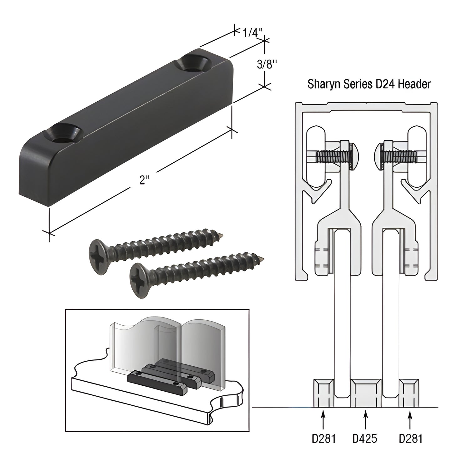 CRL D281 black nylon lower guide kit with two screws for Sharyn transaction windows, 2" low friction support.