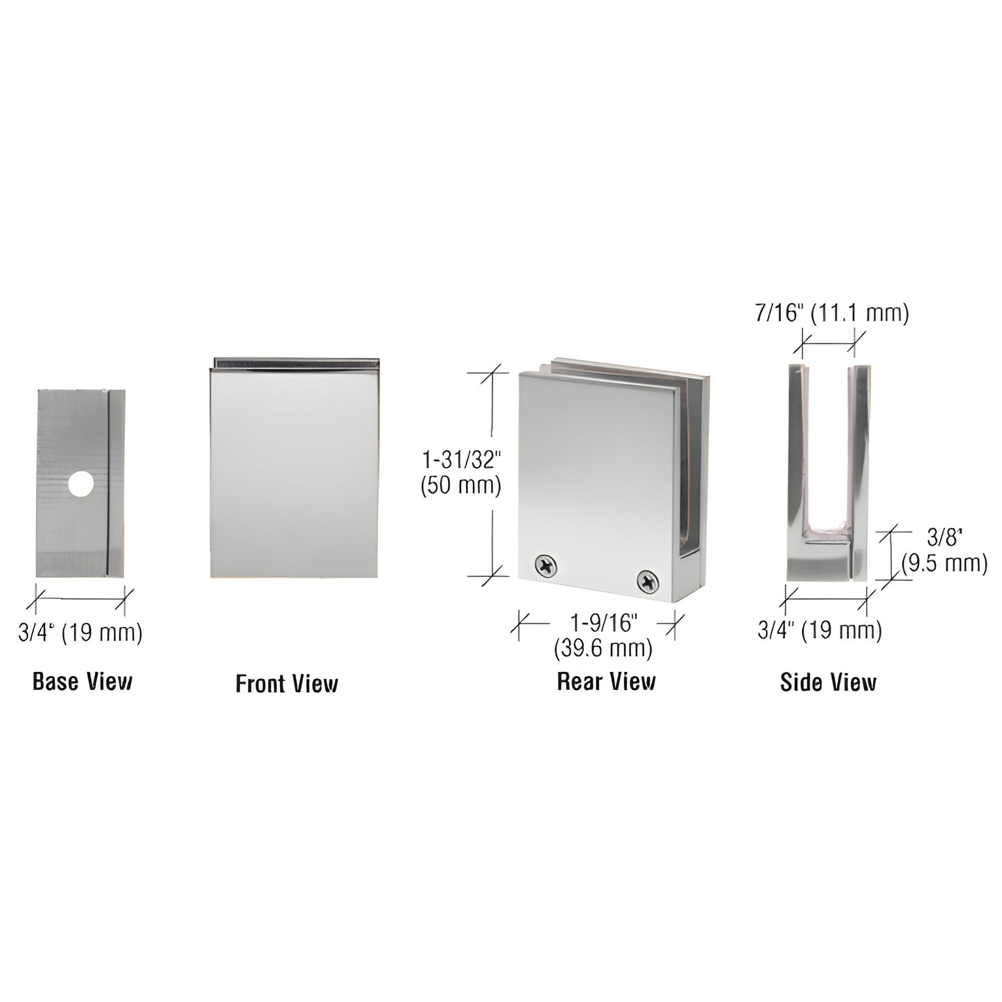 EH12 polished chrome brass glass face plate clamp, removable faceplate, fits 1/4-3/8" (6-10 mm) glass, front/rear/side views