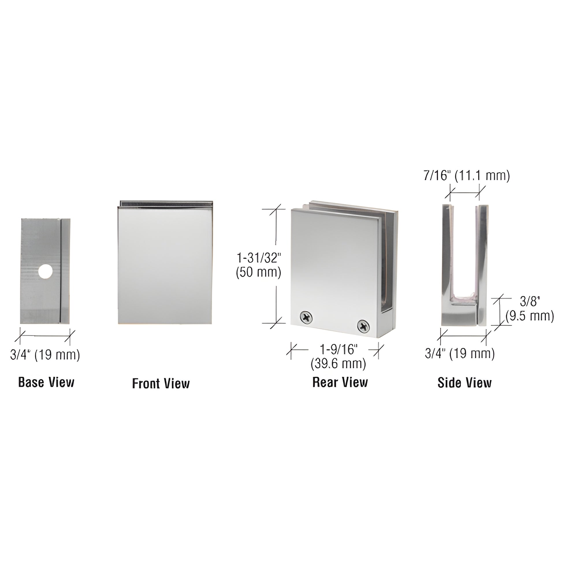 EH12 polished chrome brass glass face plate clamp, removable faceplate, fits 1/4-3/8" (6-10 mm) glass, front/rear/side views