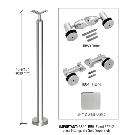 Polished stainless surface-mounted railing post with base plate, 40-9/16 (1030mm) height. Glass fittings sold separately.